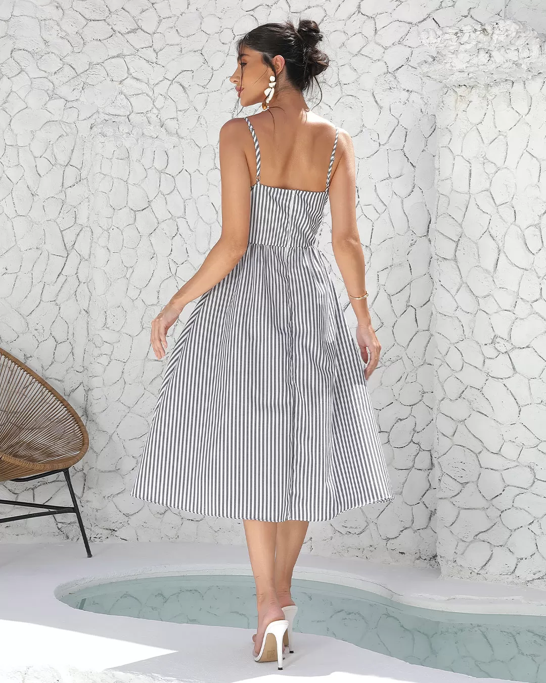 Miss Misses - Miss Misses Striped Midi Dress with Black Zipper - 80513PRETO Miss Misses - Miss Misses Striped Midi Dress with Black Zipper - 80513PRETO