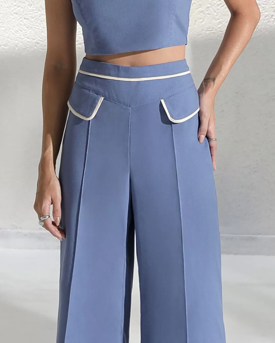 Miss Misses - Miss Misses Linen Pants With Blue Frizo Detail - 54190AZUL Miss Misses - Miss Misses Linen Pants With Blue Frizo Detail - 54190AZUL