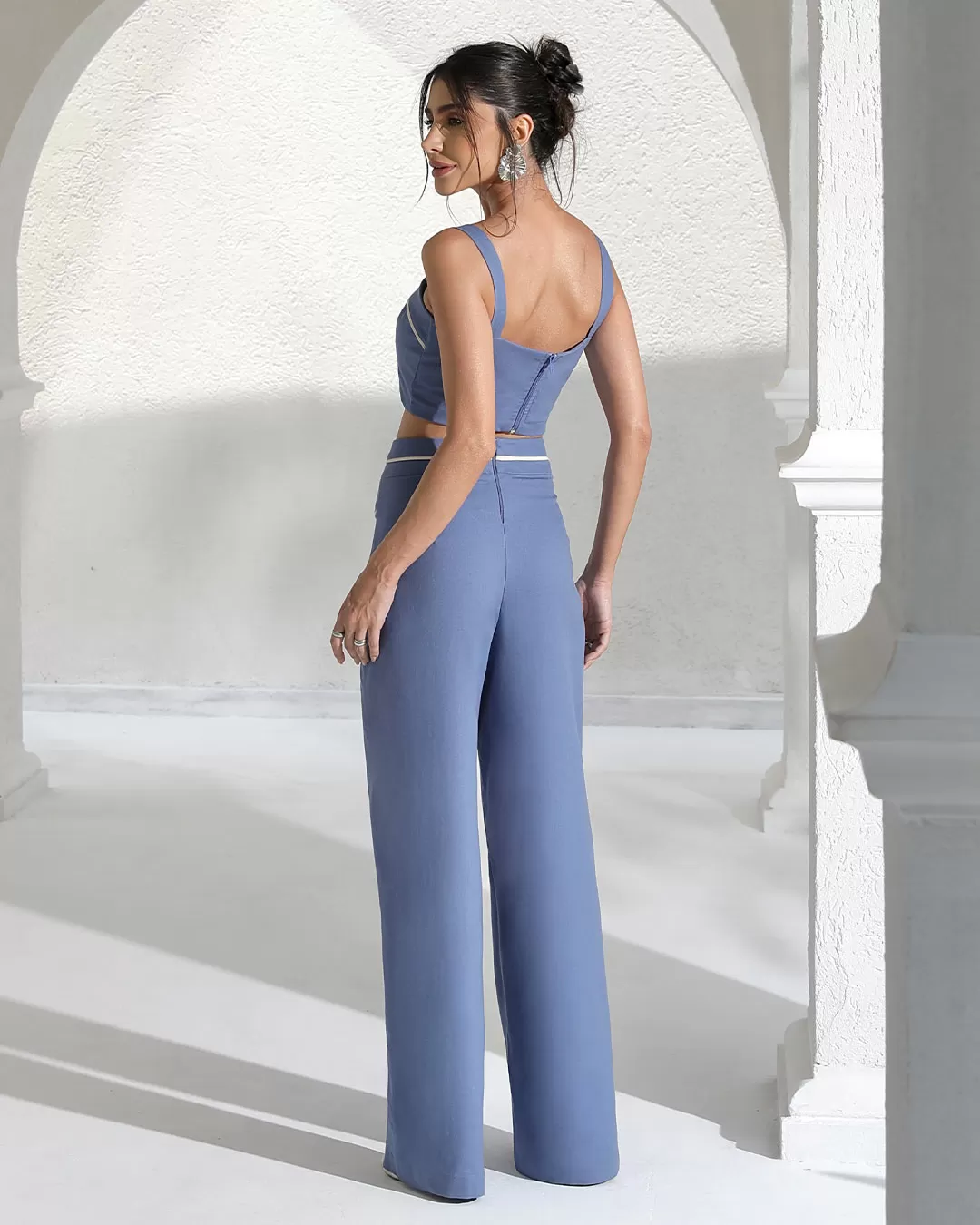 Miss Misses - Miss Misses Linen Pants With Blue Frizo Detail - 54190AZUL Miss Misses - Miss Misses Linen Pants With Blue Frizo Detail - 54190AZUL