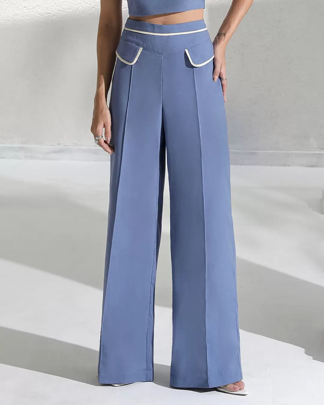 Miss Misses - Miss Misses Linen Pants With Blue Frizo Detail - 54190AZUL Miss Misses - Miss Misses Linen Pants With Blue Frizo Detail - 54190AZUL