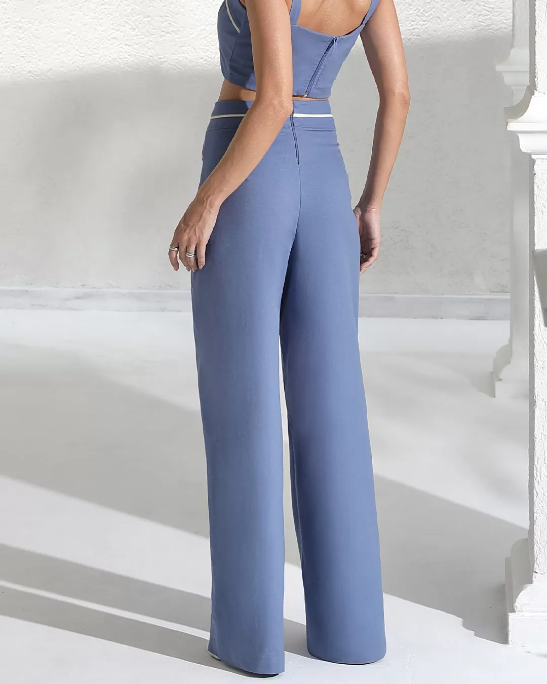 Miss Misses - Miss Misses Linen Pants With Blue Frizo Detail - 54190AZUL Miss Misses - Miss Misses Linen Pants With Blue Frizo Detail - 54190AZUL