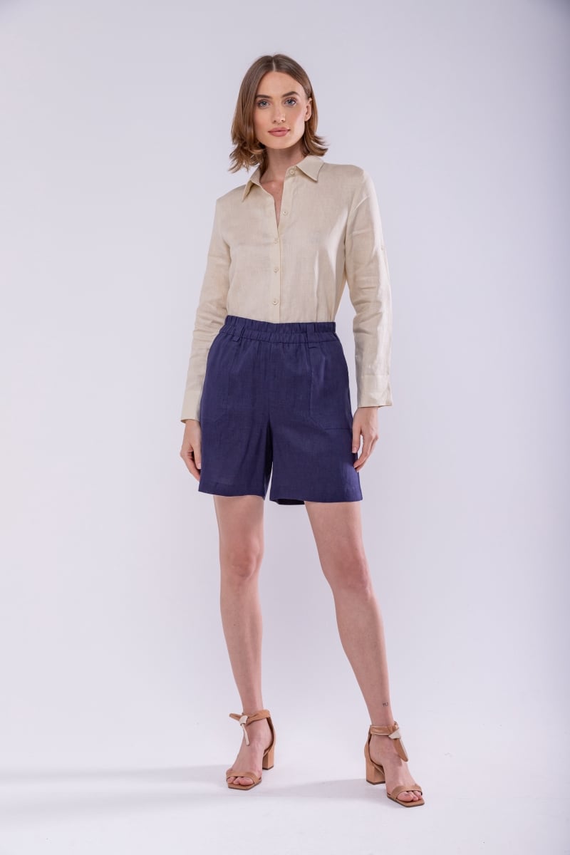 Hidrogênio - 100% LINEN BERMUDA SHORTS WITH NAVY ELASTIC BAND - 19888004 Hidrogênio - 100% LINEN BERMUDA SHORTS WITH NAVY ELASTIC BAND - 19888004
