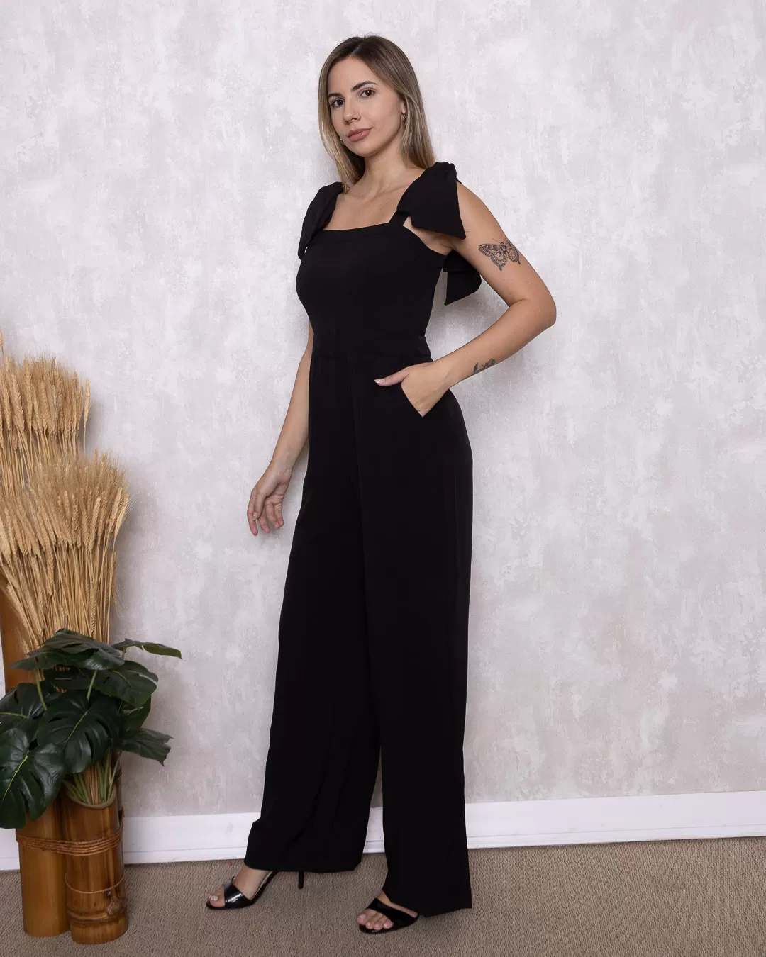 Miss Misses - Miss Misses Long Jumpsuit With Bow Shoulders Black - 54173PRETO