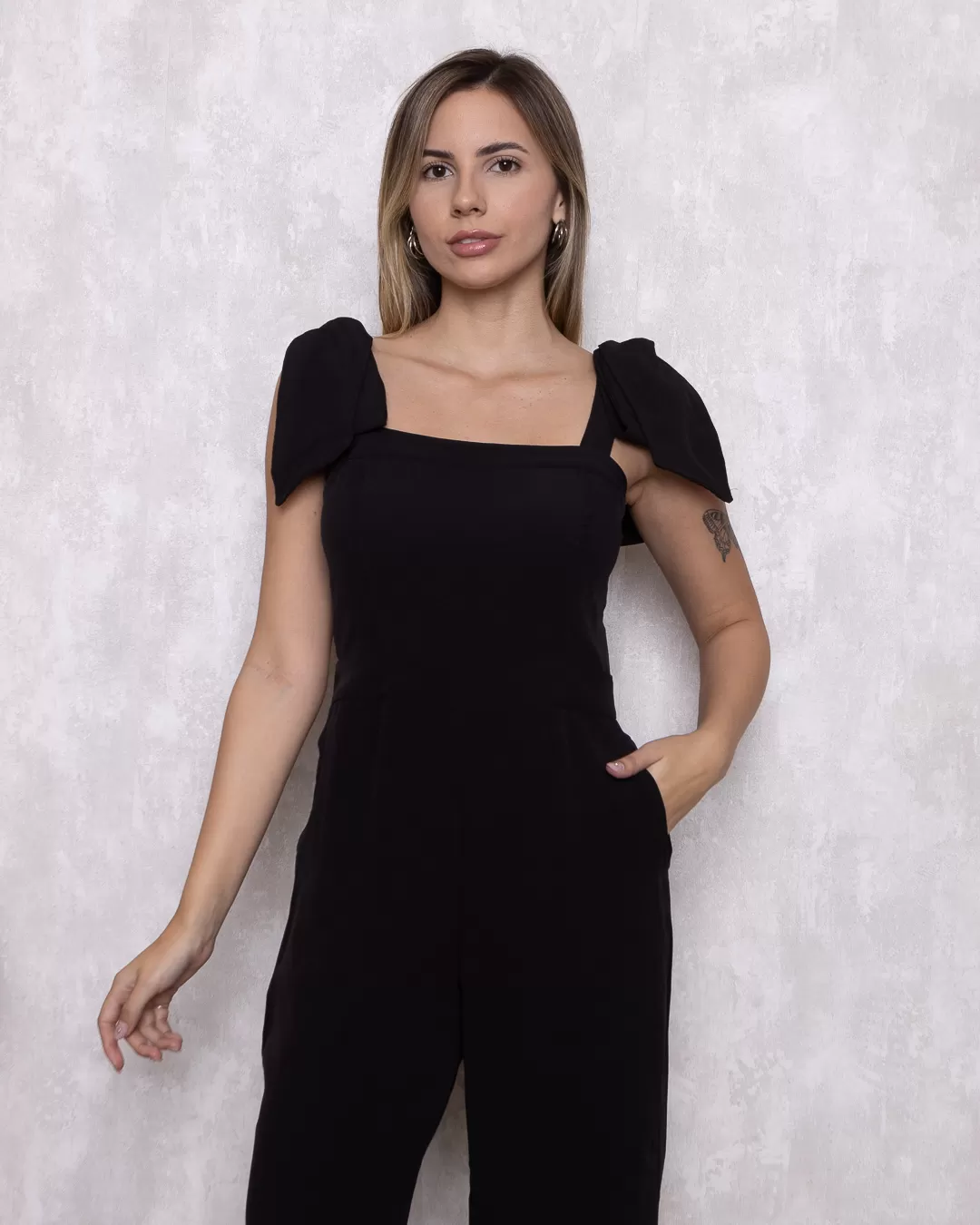 Miss Misses - Miss Misses Long Jumpsuit With Bow Shoulders Black - 54173PRETO