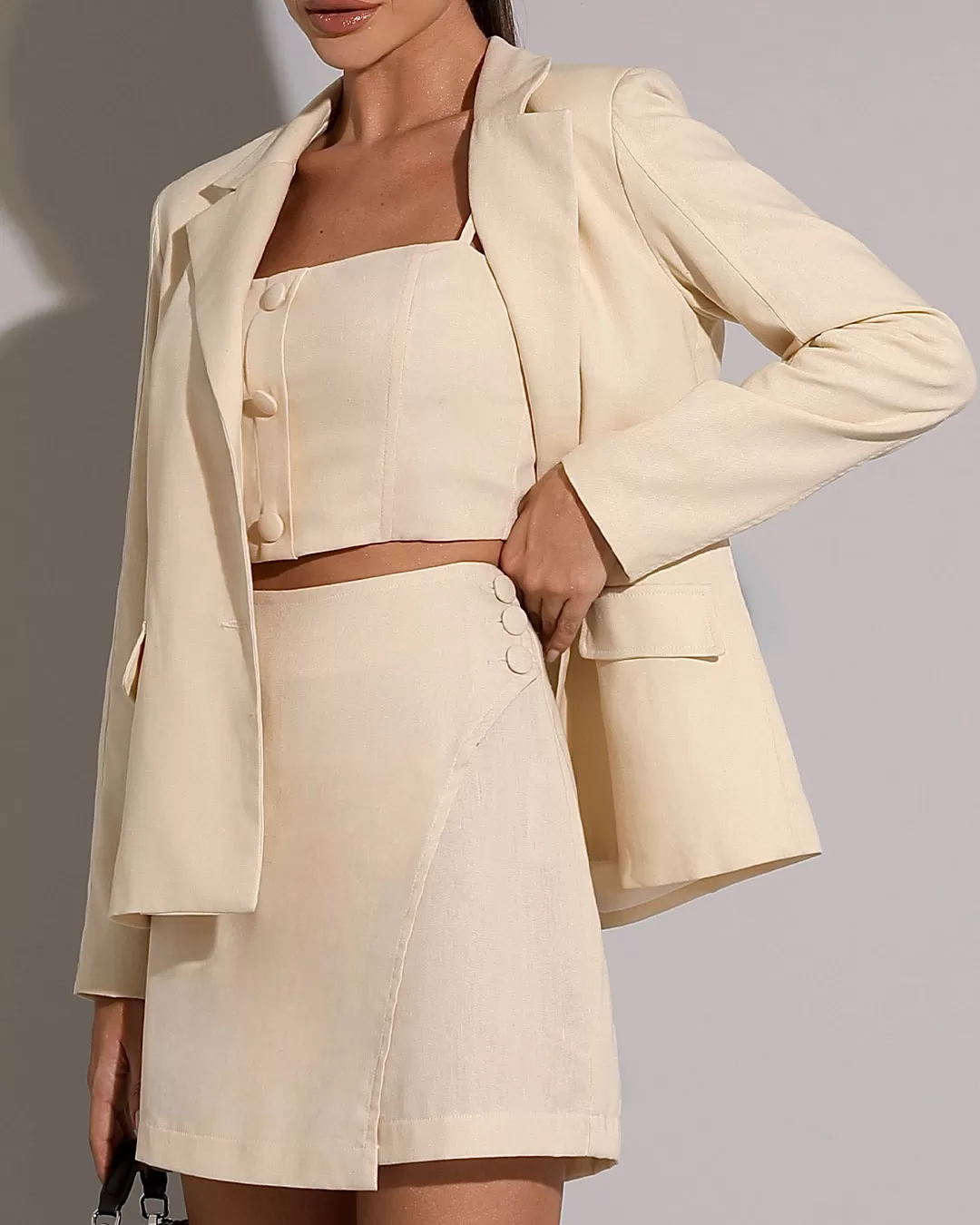Miss Misses - Miss Misses Cropped Set and Beige Linen Shorts - 54208BEGE Miss Misses - Miss Misses Cropped Set and Beige Linen Shorts - 54208BEGE