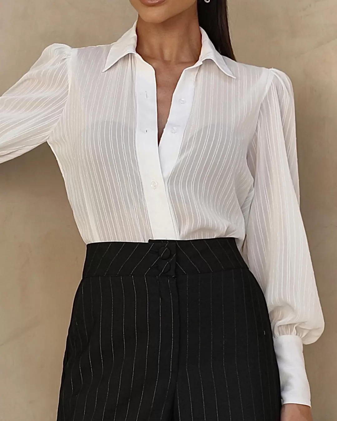 Miss Misses - Miss Misses Long Textured Chiffon Shirt Off White - 54241030 Miss Misses - Miss Misses Long Textured Chiffon Shirt Off White - 54241030