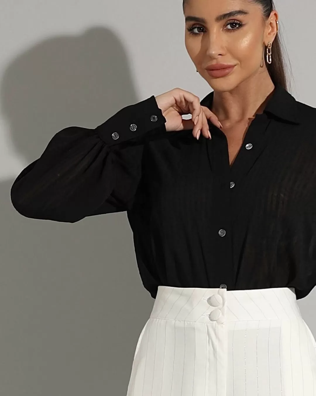 Miss Misses - Miss Misses Long Textured Chiffon Shirt Black - 54241001 Miss Misses - Miss Misses Long Textured Chiffon Shirt Black - 54241001