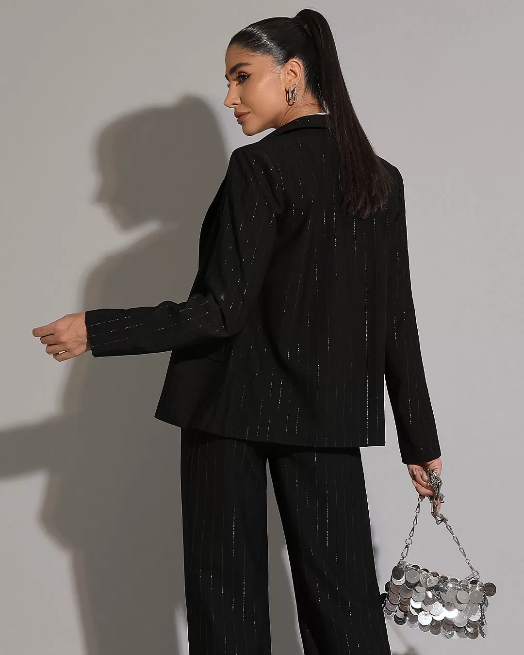 Miss Misses - Miss Misses Lurex Blazer With Shoulder Pads and Black Button - 54219PRETO Miss Misses - Miss Misses Lurex Blazer With Shoulder Pads and Black Button - 54219PRETO