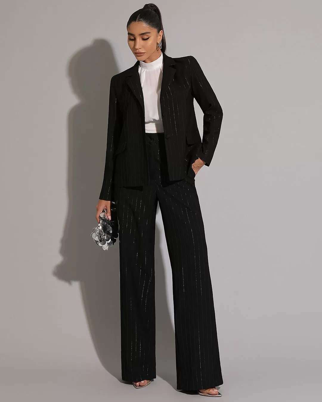 Miss Misses - Miss Misses Lurex Blazer With Shoulder Pads and Black Button - 54219PRETO Miss Misses - Miss Misses Lurex Blazer With Shoulder Pads and Black Button - 54219PRETO