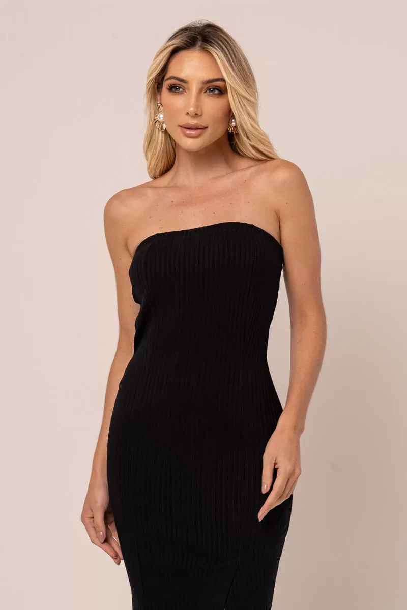 Miss Misses - Vestido Miss Misses Midi Canelado Sem Alças Preto - 54258001