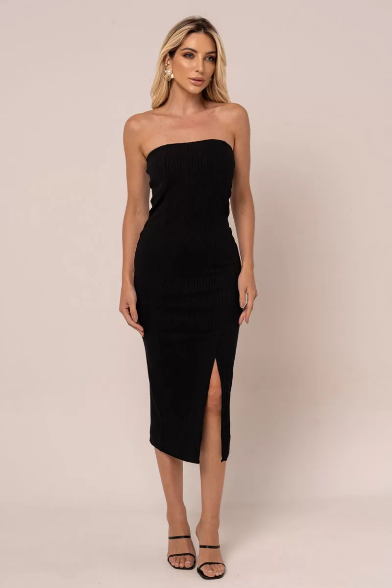 Miss Misses - Vestido Miss Misses Midi Canelado Sem Alças Preto - 54258001