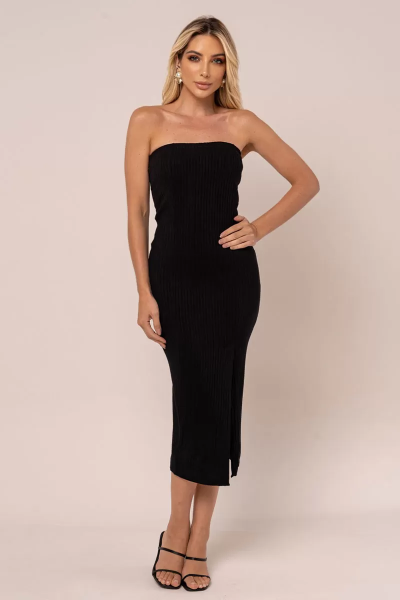 Miss Misses - Vestido Miss Misses Midi Canelado Sem Alças Preto - 54258001