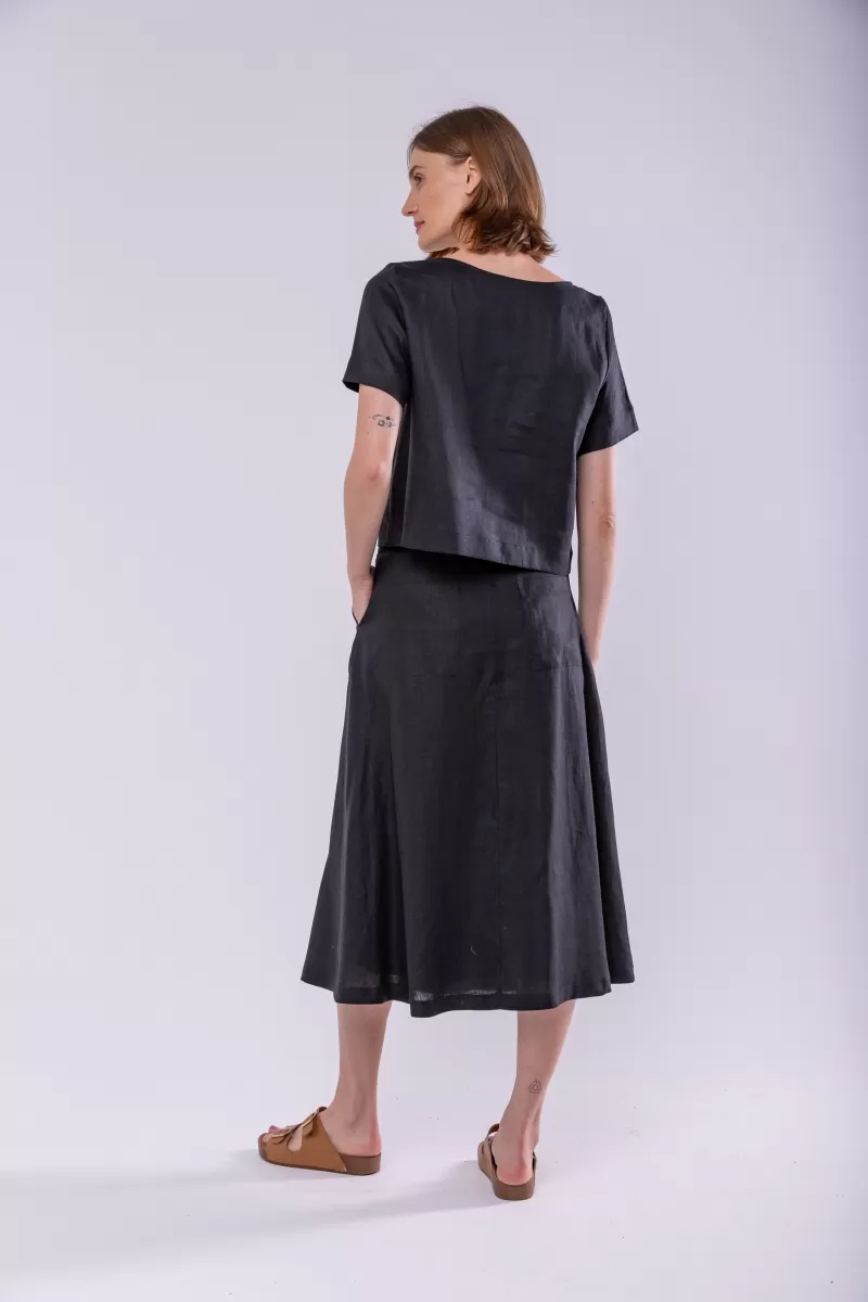Hidrogênio - EVASE MIDI SKIRT 100% BLACK LINEN - 19800001 Hidrogênio - EVASE MIDI SKIRT 100% BLACK LINEN - 19800001