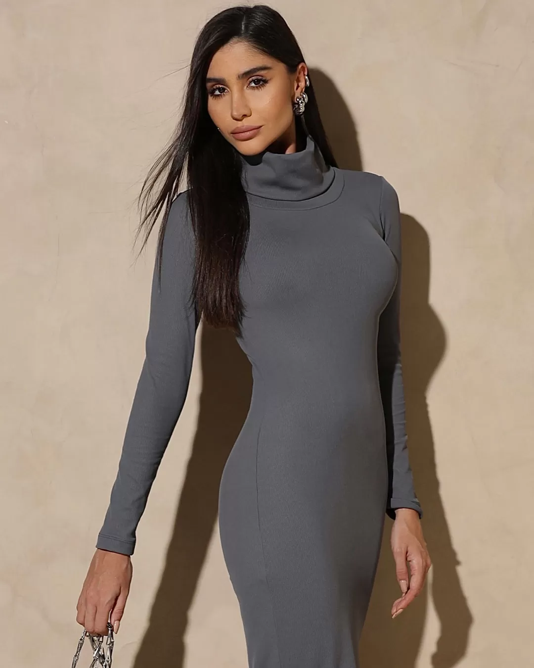 Miss Misses - Miss Misses Ribbed Dress With Lead Side Slits - 54256CINZA Miss Misses - Miss Misses Ribbed Dress With Lead Side Slits - 54256CINZA