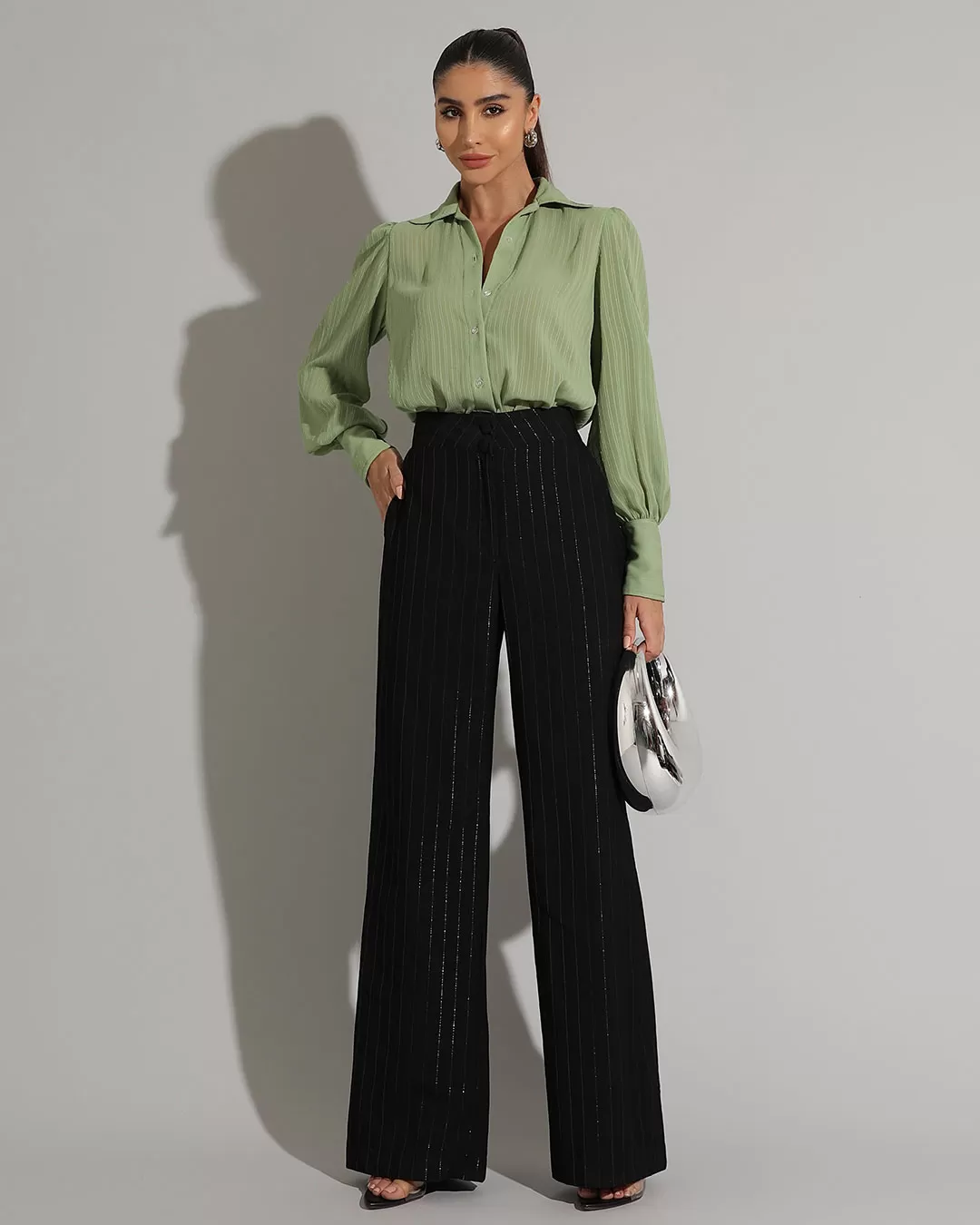 Miss Misses - Miss Misses Long Chiffon Textured Green Shirt - 54241VERDE Miss Misses - Miss Misses Long Chiffon Textured Green Shirt - 54241VERDE