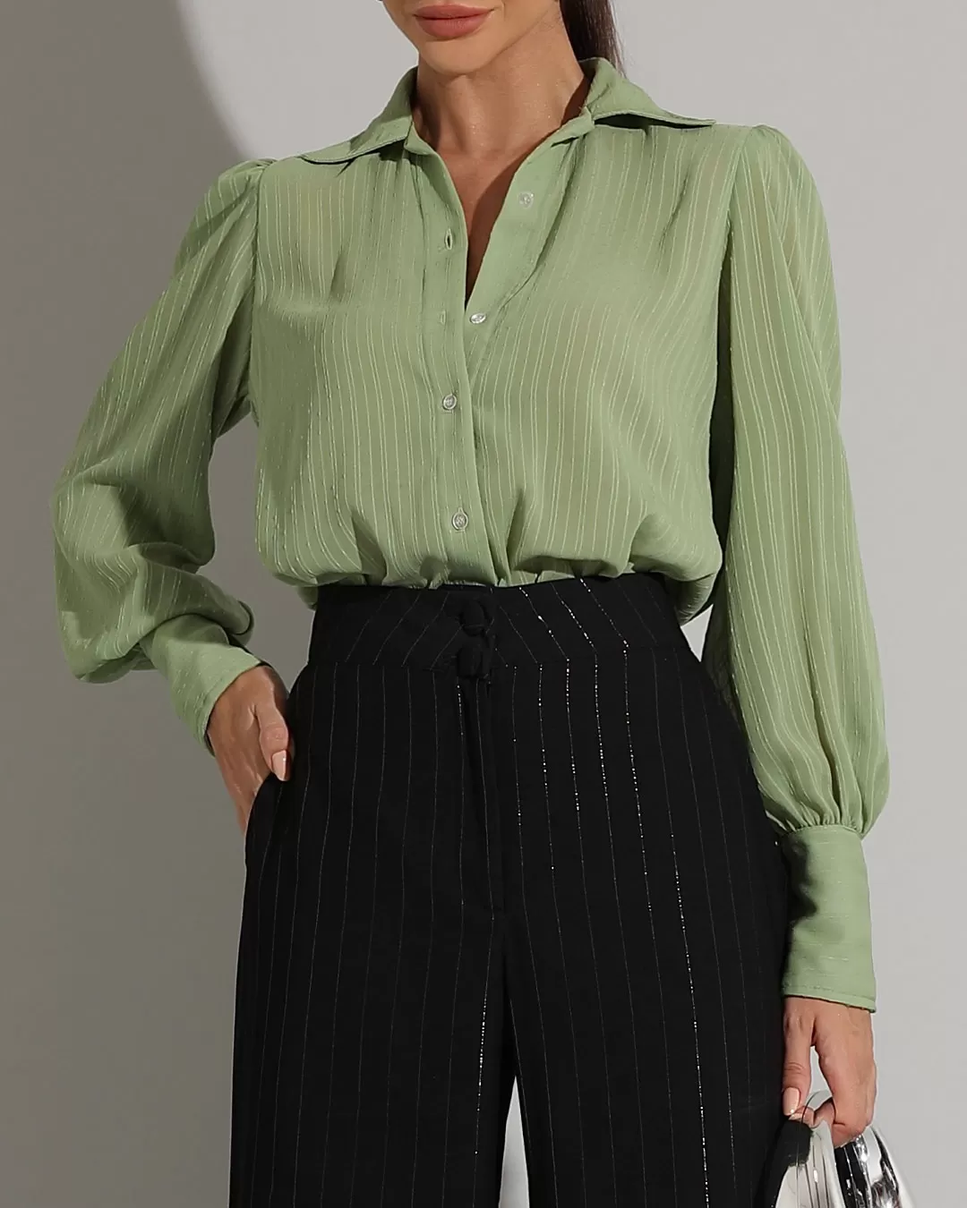 Miss Misses - Miss Misses Long Chiffon Textured Green Shirt - 54241VERDE Miss Misses - Miss Misses Long Chiffon Textured Green Shirt - 54241VERDE