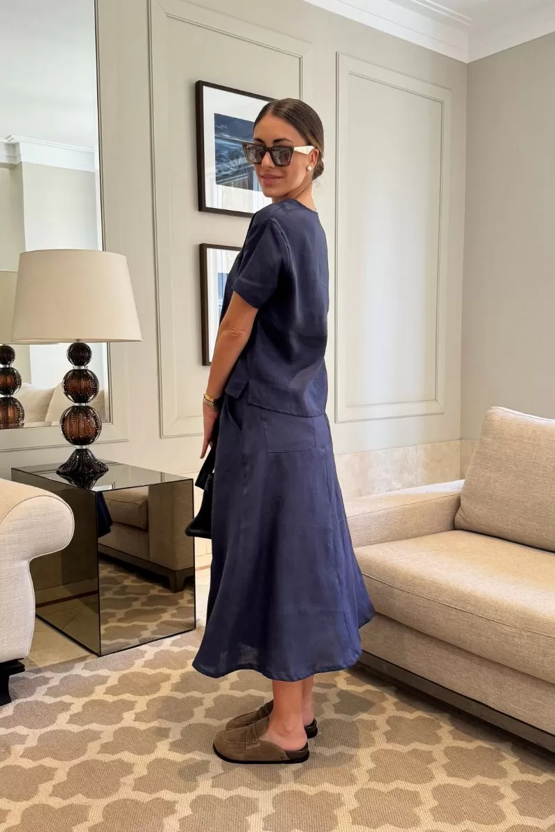 Hidrogênio - 100% NAVY LINEN EVASE MIDI SKIRT - 20020004 Hidrogênio - 100% NAVY LINEN EVASE MIDI SKIRT - 20020004