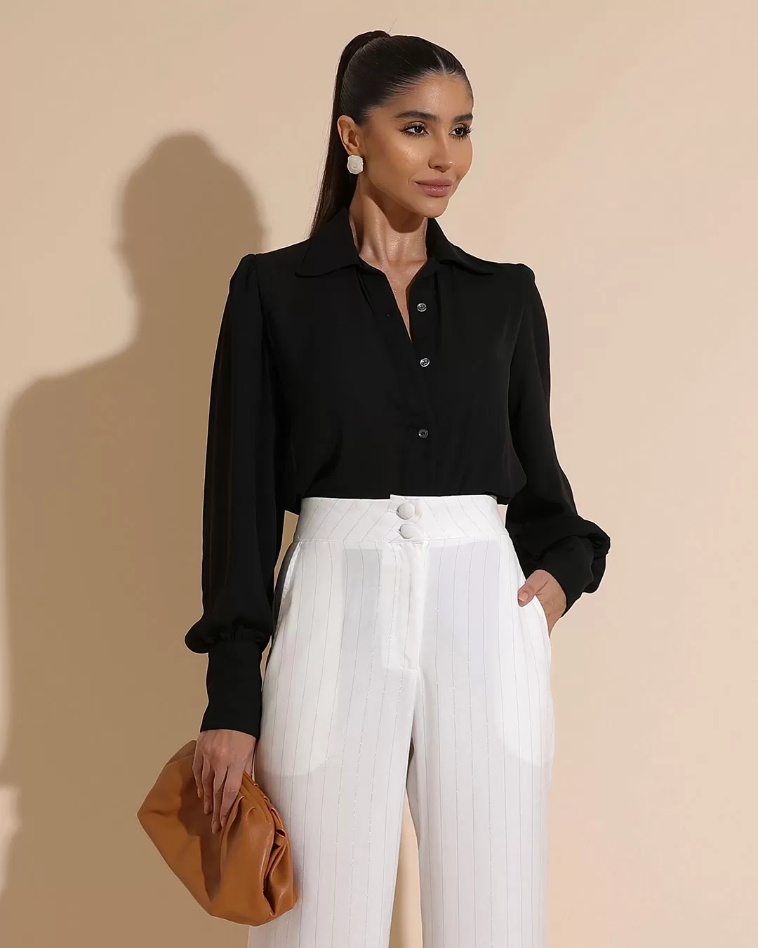 Miss Misses - Miss Misses Long Chiffon Shirt Buttons Black - 54221PRETO