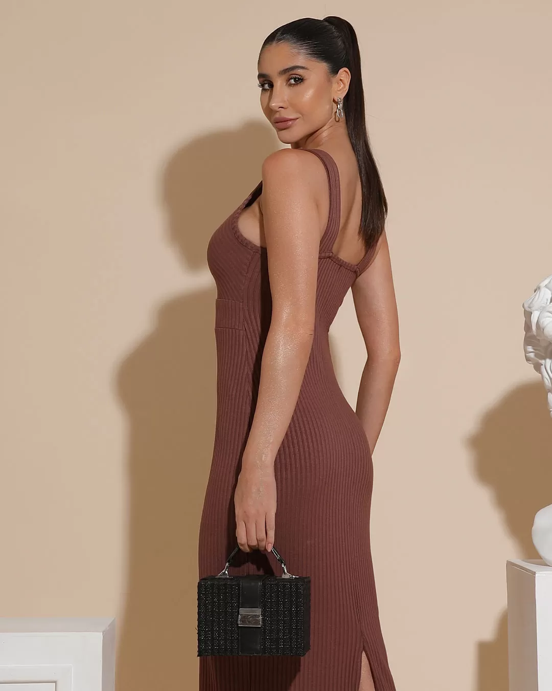 Miss Misses - Dress Miss Misses Tank Shirt Midi Ribbed With Slit Brown - 80523MARROM Miss Misses - Dress Miss Misses Tank Shirt Midi Ribbed With Slit Brown - 80523MARROM