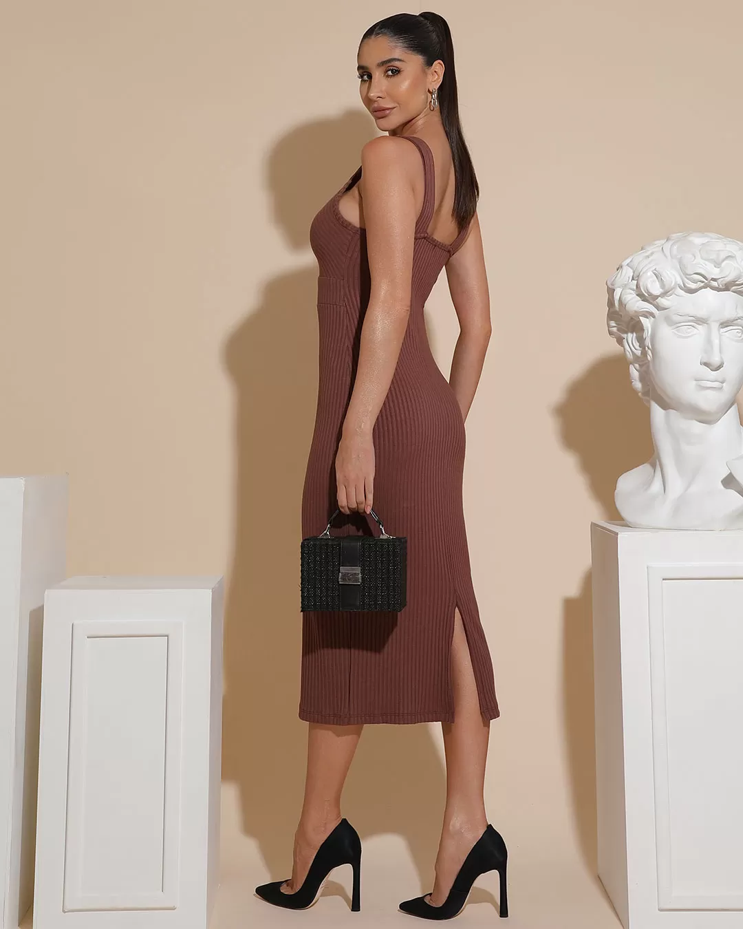 Miss Misses - Dress Miss Misses Tank Shirt Midi Ribbed With Slit Brown - 80523MARROM Miss Misses - Dress Miss Misses Tank Shirt Midi Ribbed With Slit Brown - 80523MARROM