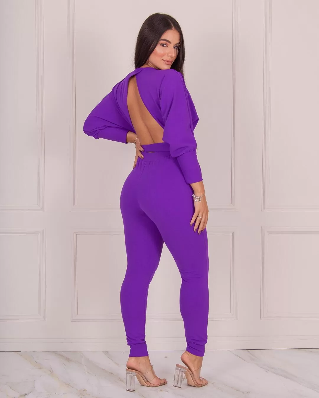 Miss Misses - Miss Misses Skinny Jumpsuit with Bare Back Purple - 18456ROXO Miss Misses - Miss Misses Skinny Jumpsuit with Bare Back Purple - 18456ROXO