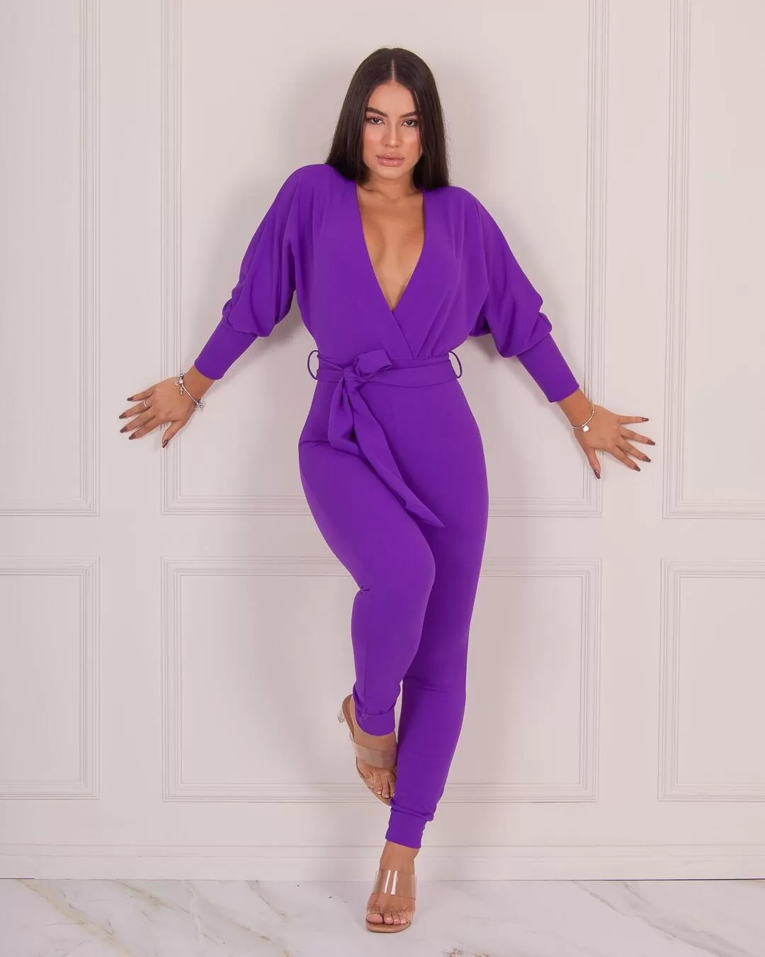 Miss Misses - Miss Misses Skinny Jumpsuit with Bare Back Purple - 18456ROXO Miss Misses - Miss Misses Skinny Jumpsuit with Bare Back Purple - 18456ROXO