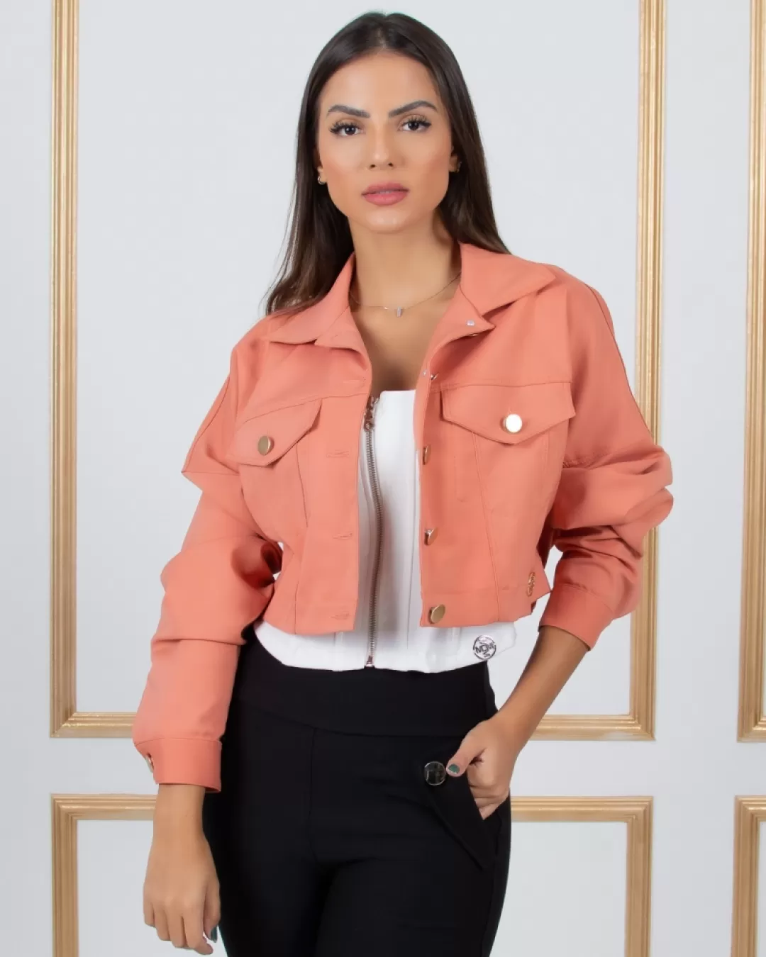 Miss Misses - Miss Misses Cropped Jacket with Beige Buttons - 18465BEGE Miss Misses - Miss Misses Cropped Jacket with Beige Buttons - 18465BEGE