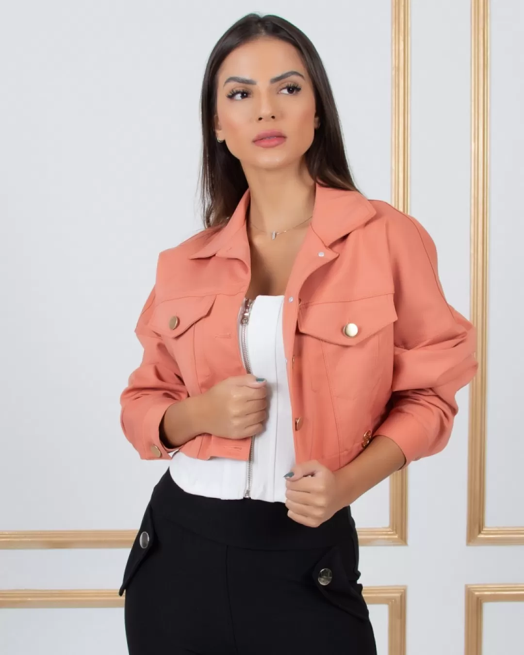 Miss Misses - Miss Misses Cropped Jacket with Beige Buttons - 18465BEGE Miss Misses - Miss Misses Cropped Jacket with Beige Buttons - 18465BEGE