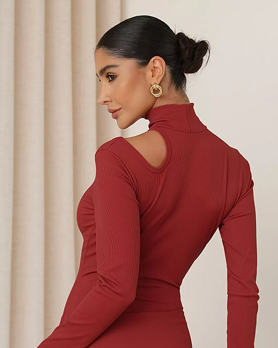 Miss Misses - Miss Misses Ribbed Hollow Out Long Sleeve Dress - 80532BORDO Miss Misses - Miss Misses Ribbed Hollow Out Long Sleeve Dress - 80532BORDO