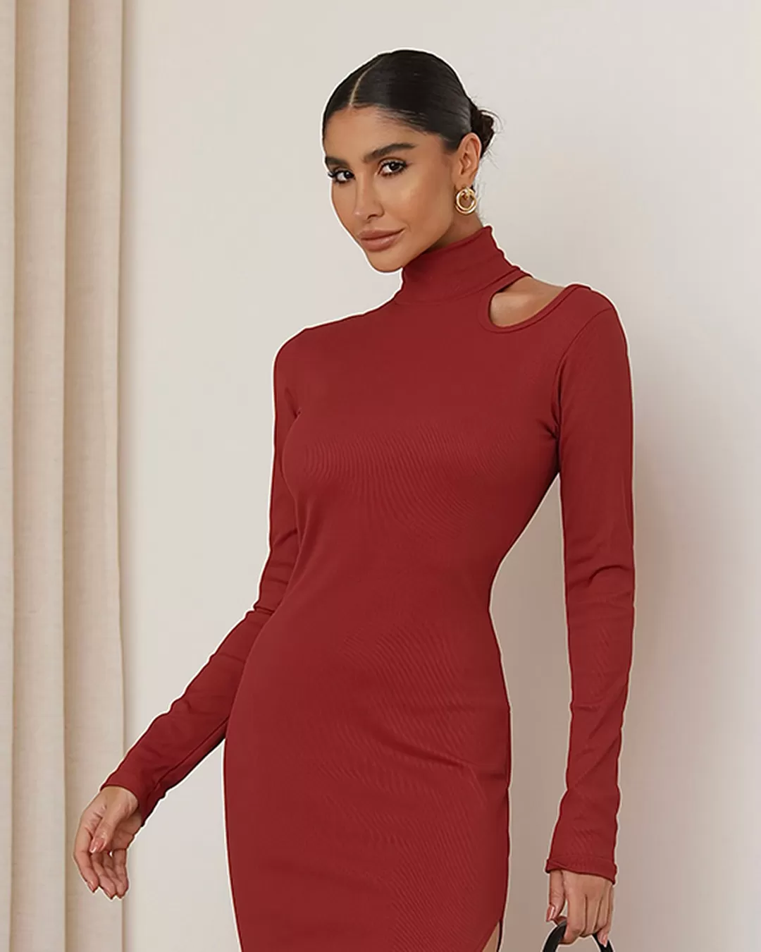 Miss Misses - Miss Misses Ribbed Hollow Out Long Sleeve Dress - 80532BORDO Miss Misses - Miss Misses Ribbed Hollow Out Long Sleeve Dress - 80532BORDO
