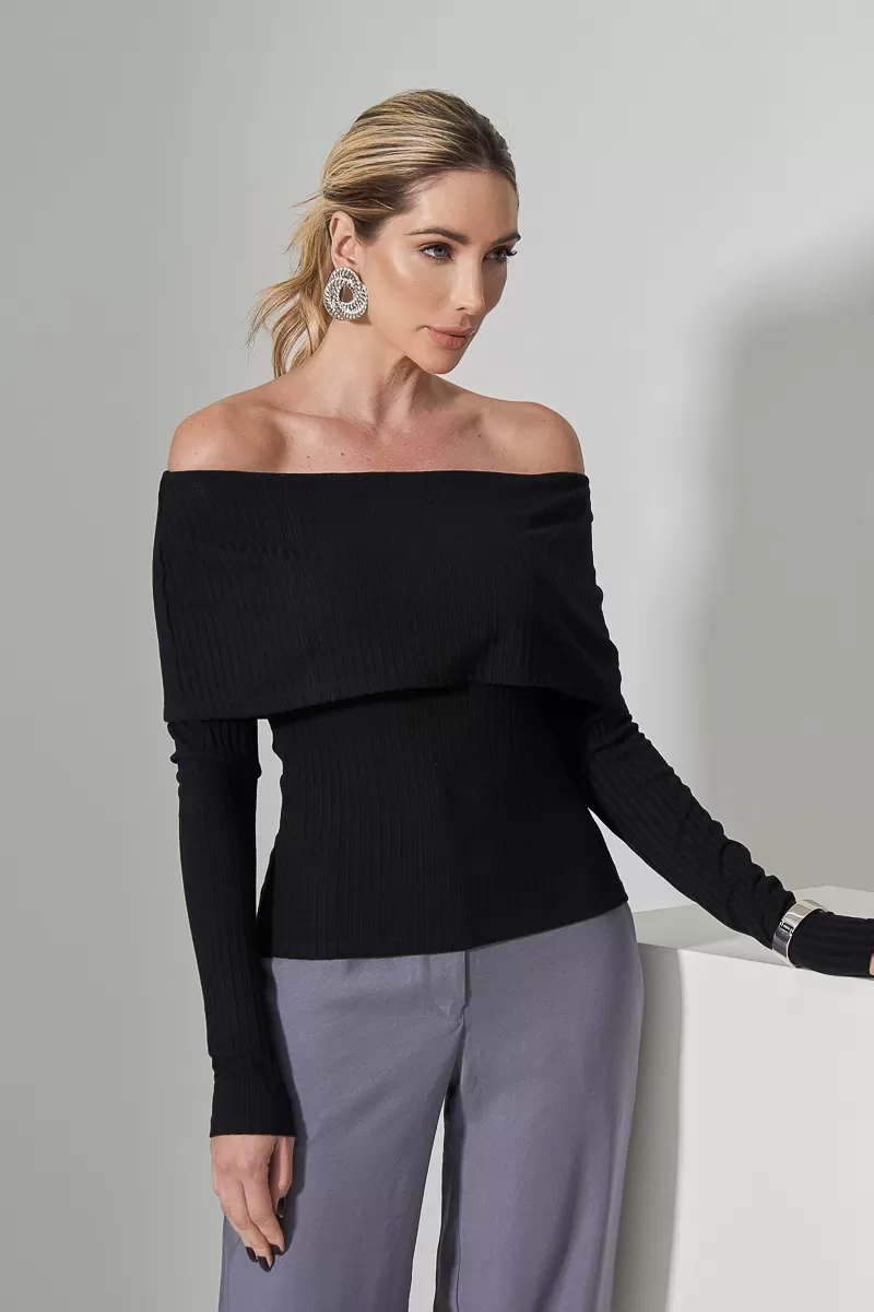 Miss Misses - Miss Misses Ribbed Long Sleeve Strapless Shirt Black - 80543001 Miss Misses - Miss Misses Ribbed Long Sleeve Strapless Shirt Black - 80543001