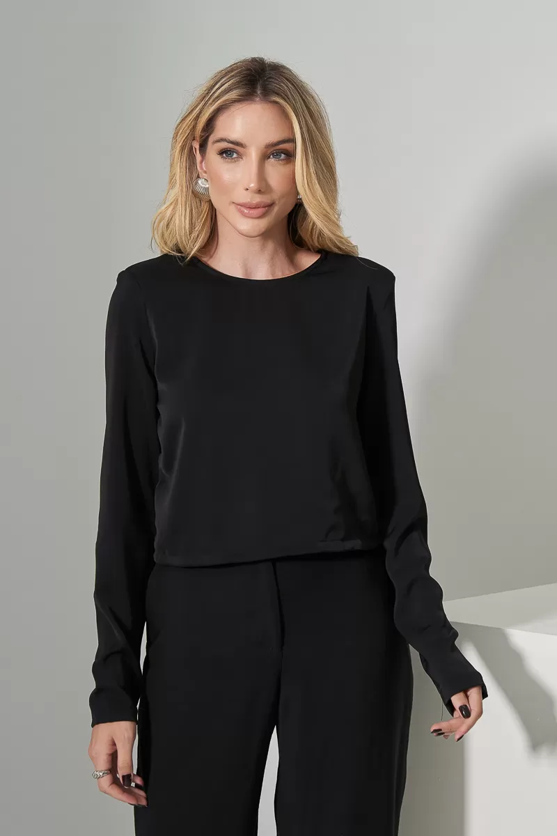 Miss Misses - Miss Misses Crepe Long Sleeve Shoulder Shirt Black - 54273001