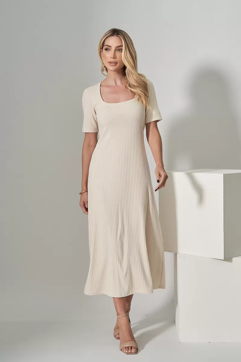 Miss Misses - Miss Misses Midi Dress Ribbed Square Collar Off White - 54316030 Miss Misses - Miss Misses Midi Dress Ribbed Square Collar Off White - 54316030
