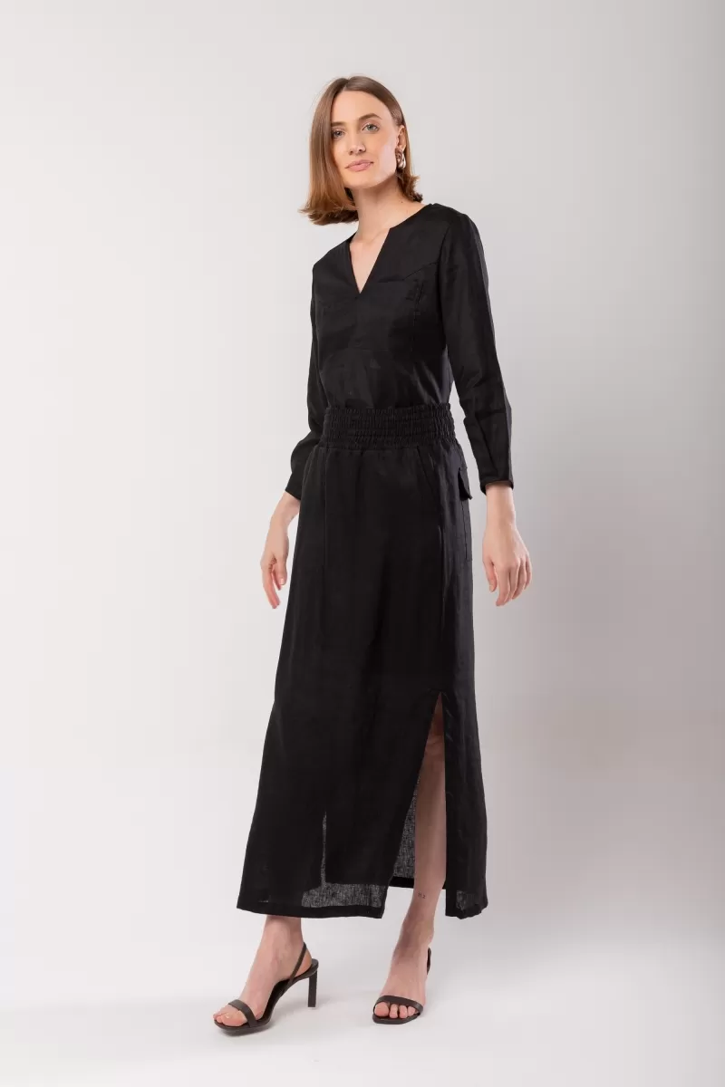 Hidrogênio - LONG STRAIGHT SKIRT WITH SIDE SLIT AND POCKET BLACK LINEN - 19997001 Hidrogênio - LONG STRAIGHT SKIRT WITH SIDE SLIT AND POCKET BLACK LINEN - 19997001
