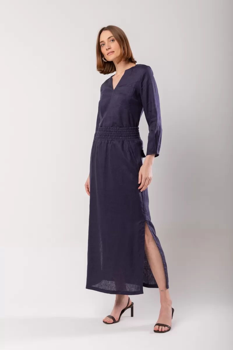 Hidrogênio - LONG STRAIGHT SKIRT WITH SIDE SLIT AND POCKET NAVY LINEN - 19997004 Hidrogênio - LONG STRAIGHT SKIRT WITH SIDE SLIT AND POCKET NAVY LINEN - 19997004
