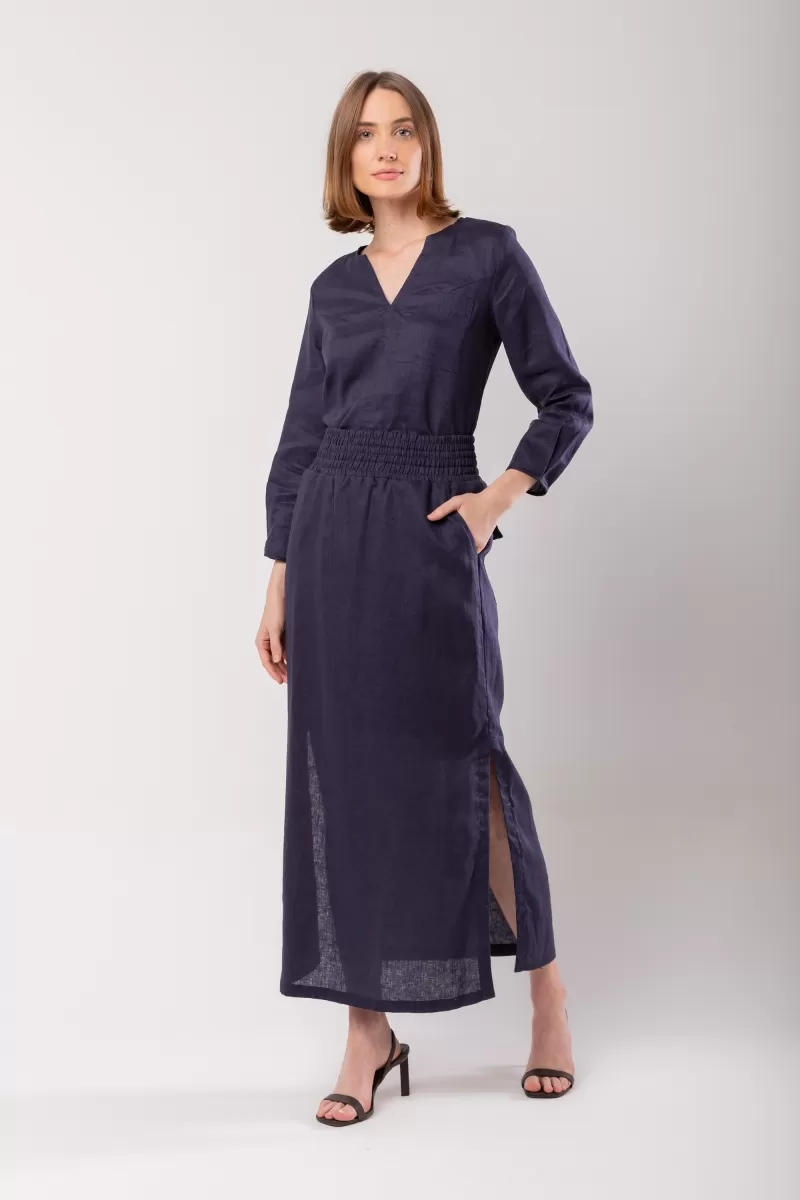 Hidrogênio - LONG STRAIGHT SKIRT WITH SIDE SLIT AND POCKET NAVY LINEN - 19997004 Hidrogênio - LONG STRAIGHT SKIRT WITH SIDE SLIT AND POCKET NAVY LINEN - 19997004