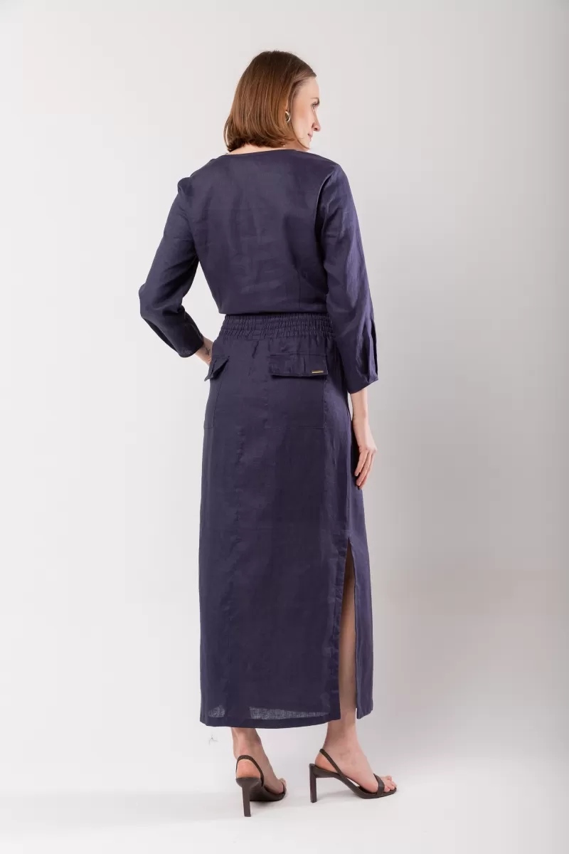 Hidrogênio - LONG STRAIGHT SKIRT WITH SIDE SLIT AND POCKET NAVY LINEN - 19997004 Hidrogênio - LONG STRAIGHT SKIRT WITH SIDE SLIT AND POCKET NAVY LINEN - 19997004