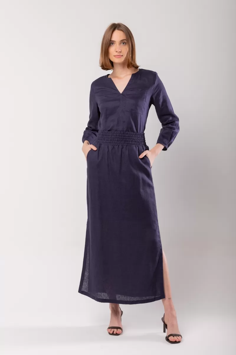 Hidrogênio - LONG STRAIGHT SKIRT WITH SIDE SLIT AND POCKET NAVY LINEN - 19997004 Hidrogênio - LONG STRAIGHT SKIRT WITH SIDE SLIT AND POCKET NAVY LINEN - 19997004