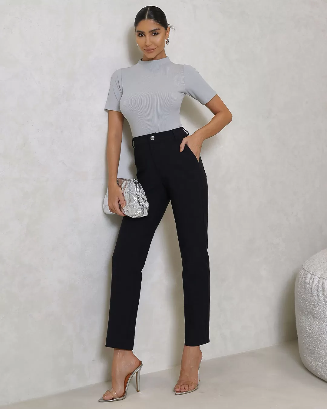 Miss Misses - Miss Misses Ribbed Collar Medium Gray Shirt - 54325047 Miss Misses - Miss Misses Ribbed Collar Medium Gray Shirt - 54325047