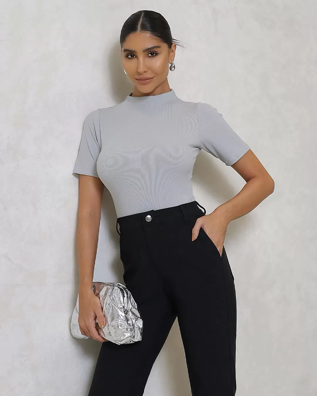 Miss Misses - Miss Misses Ribbed Collar Medium Gray Shirt - 54325047 Miss Misses - Miss Misses Ribbed Collar Medium Gray Shirt - 54325047
