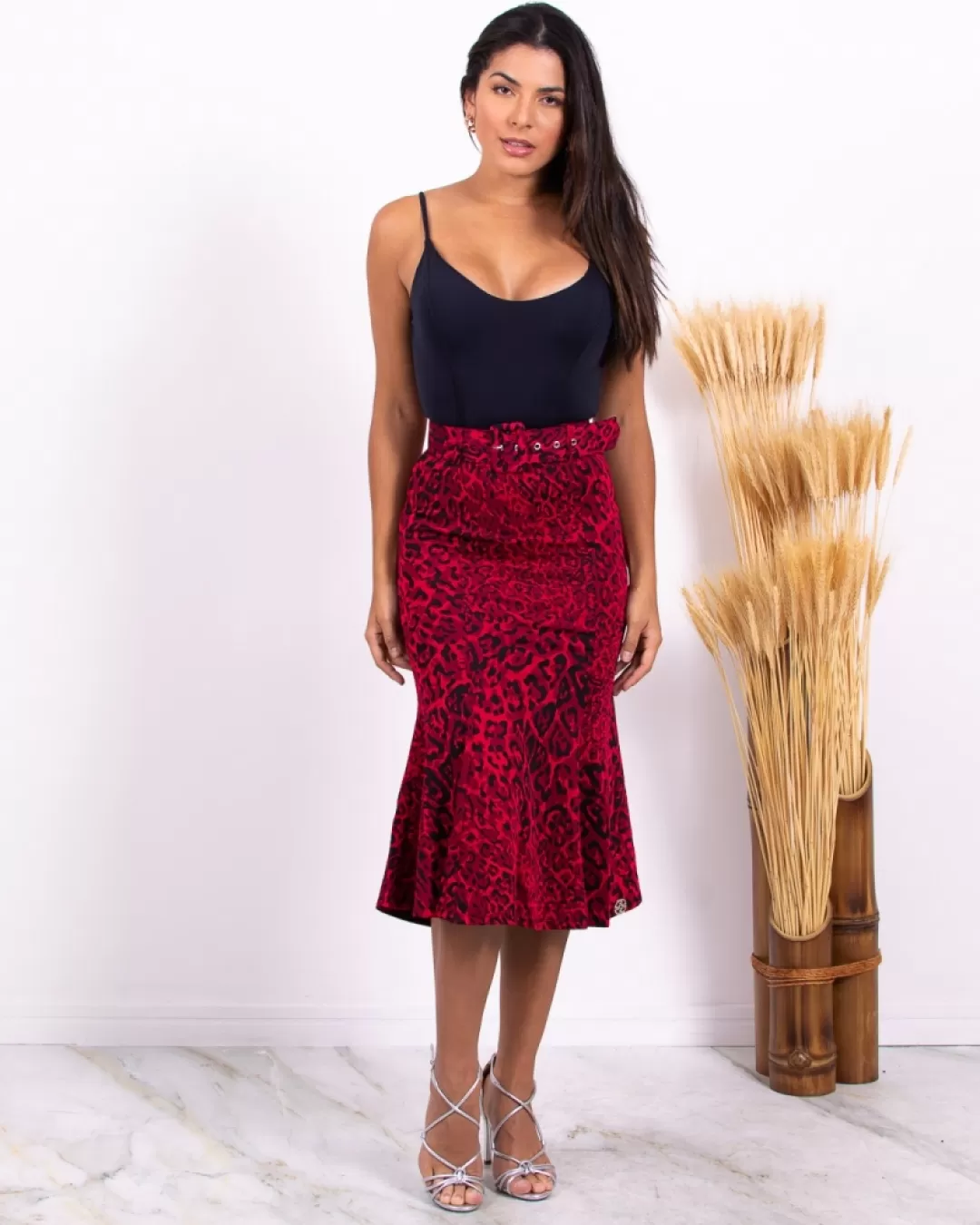 Miss Misses - Miss Misses Midi Skirt with Red Belt - 18045VERMELHO Miss Misses - Miss Misses Midi Skirt with Red Belt - 18045VERMELHO