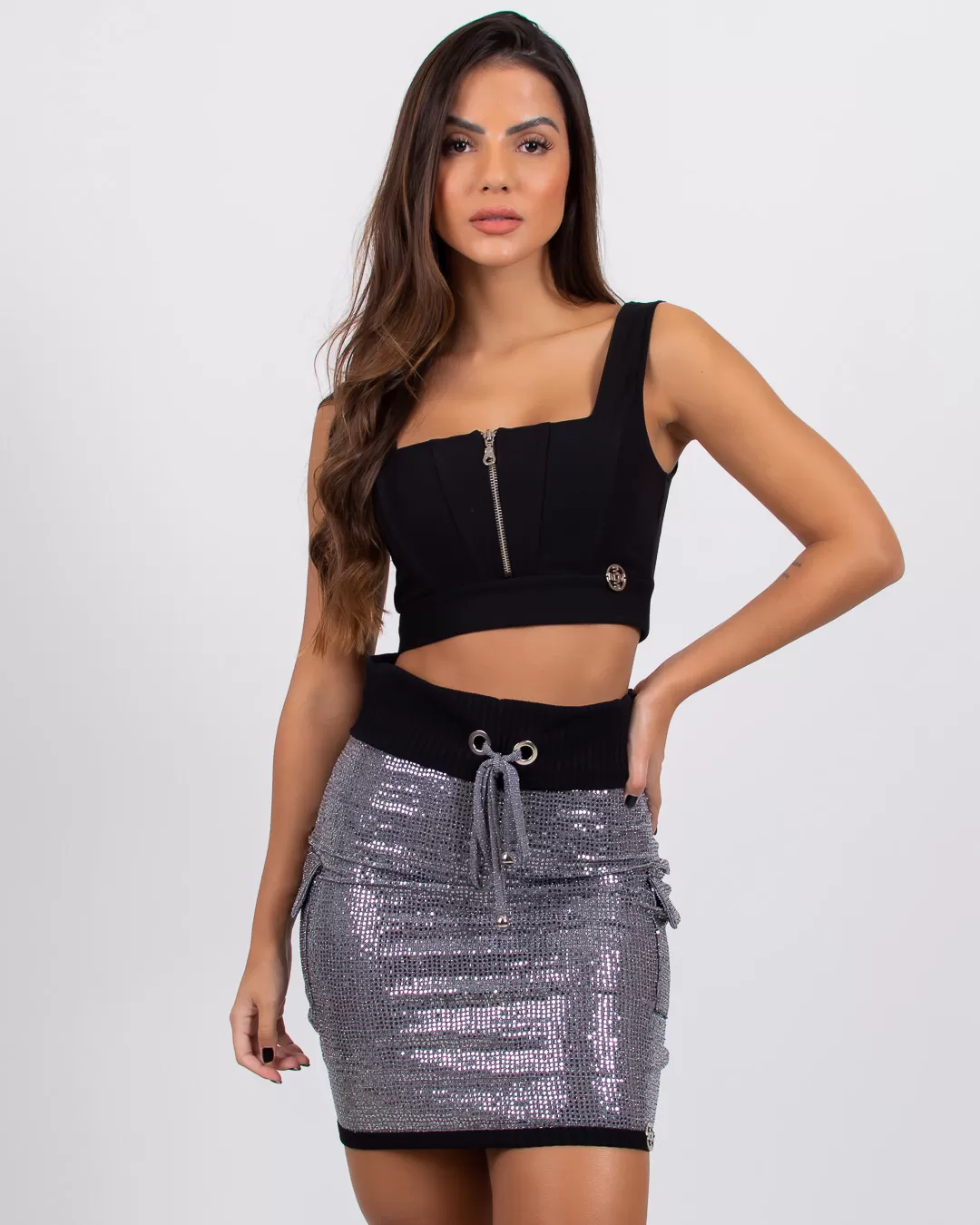 Miss Misses - Skirt Miss Misses aretha with grosgrain and pockets Silver - 80036PRATA Miss Misses - Skirt Miss Misses aretha with grosgrain and pockets Silver - 80036PRATA
