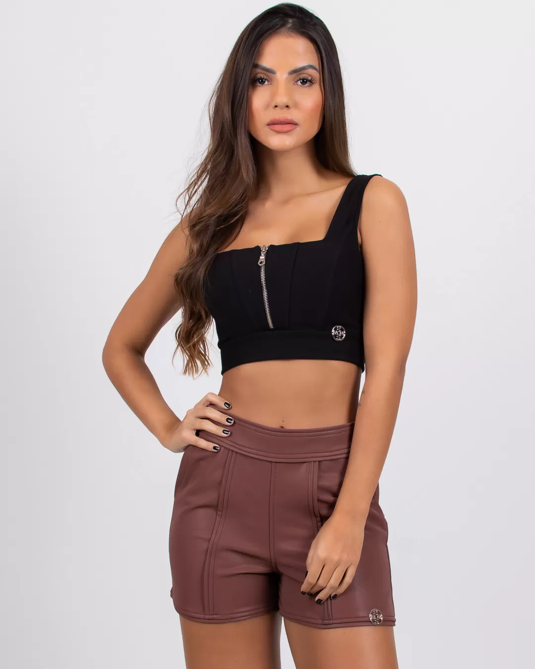 Miss Misses - Short Miss Misses Suede Leather with Brown Friezes - 18301MARROM Miss Misses - Short Miss Misses Suede Leather with Brown Friezes - 18301MARROM