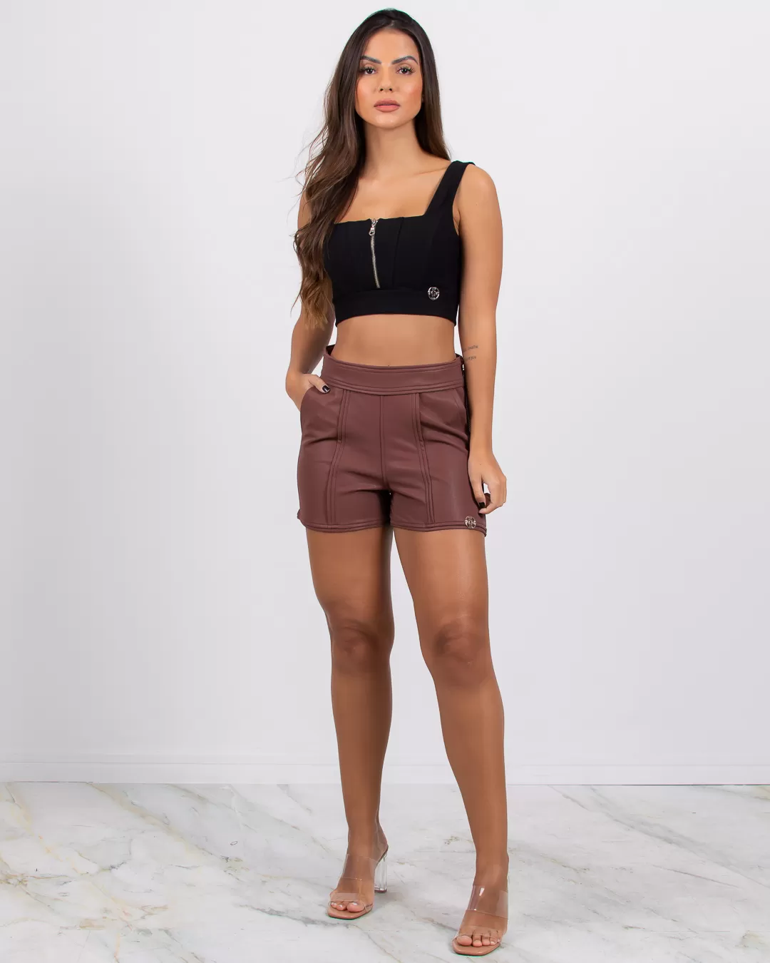 Miss Misses - Short Miss Misses Suede Leather with Brown Friezes - 18301MARROM Miss Misses - Short Miss Misses Suede Leather with Brown Friezes - 18301MARROM