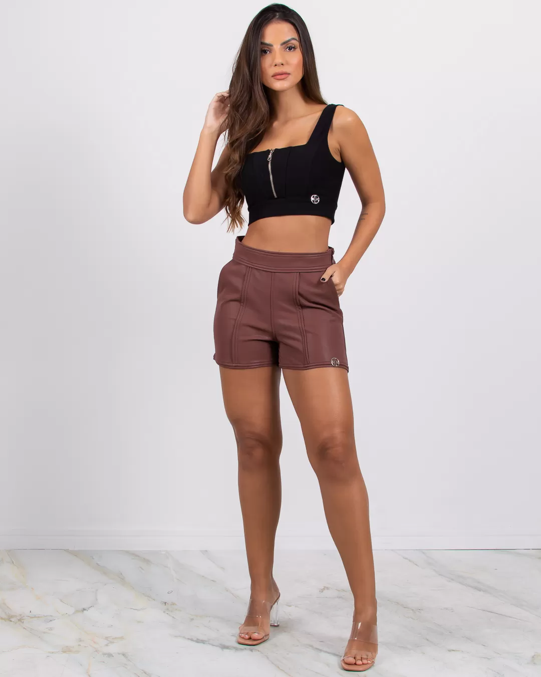 Miss Misses - Short Miss Misses Suede Leather with Brown Friezes - 18301MARROM Miss Misses - Short Miss Misses Suede Leather with Brown Friezes - 18301MARROM