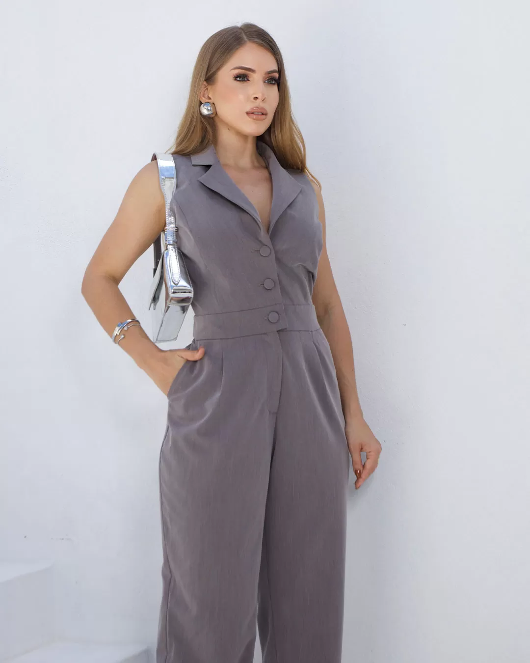 Miss Misses - Jumpsuit Miss Misses Lapel Detail and Lead Button - 54242CINZA Miss Misses - Jumpsuit Miss Misses Lapel Detail and Lead Button - 54242CINZA