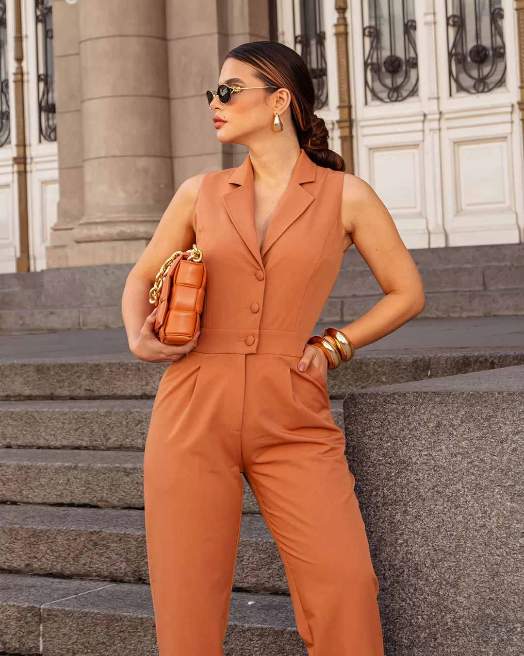 Miss Misses - Jumpsuit Miss Misses Lapel Detail and Caramel Button - 54242BEGE Miss Misses - Jumpsuit Miss Misses Lapel Detail and Caramel Button - 54242BEGE