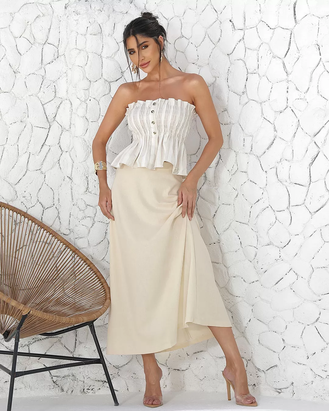 Miss Misses - Skirt Miss Misses Midi Long Godê With Zipper Beige - 54216BEGE Miss Misses - Skirt Miss Misses Midi Long Godê With Zipper Beige - 54216BEGE