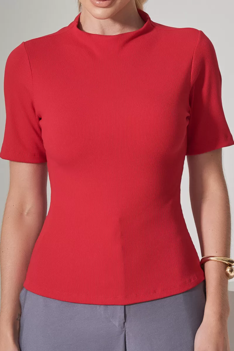 Miss Misses - Miss Misses Ribbed Shirt Red Medium Collar - 54325VERMELHO Miss Misses - Miss Misses Ribbed Shirt Red Medium Collar - 54325VERMELHO