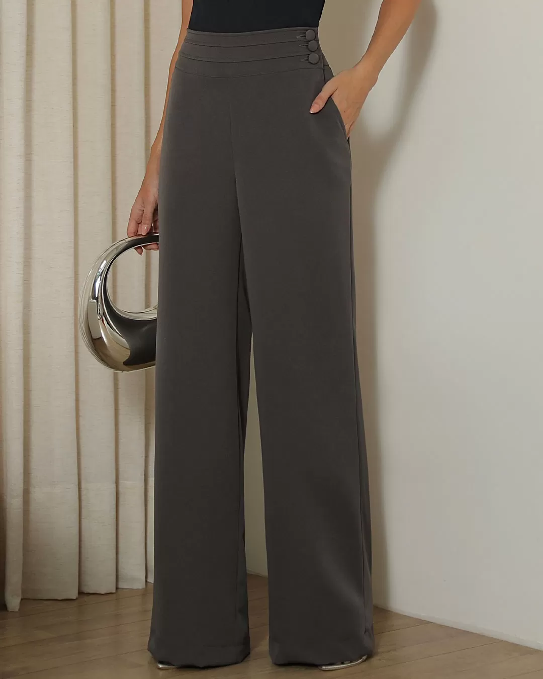 Miss Misses - Miss Misses Pants With Wide Waistband With Gray Button - 54312CINZA Miss Misses - Miss Misses Pants With Wide Waistband With Gray Button - 54312CINZA